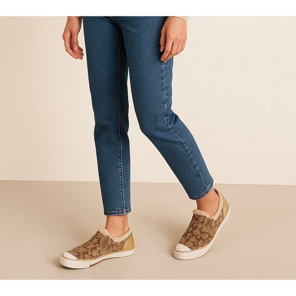 Coach Gold Shearling Slip-On Sneakers Women’s Size 7 Fuzzy Lined - Picture 1 of 14